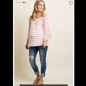 Pink Striped Crochet Off Shoulder Maternity Top
